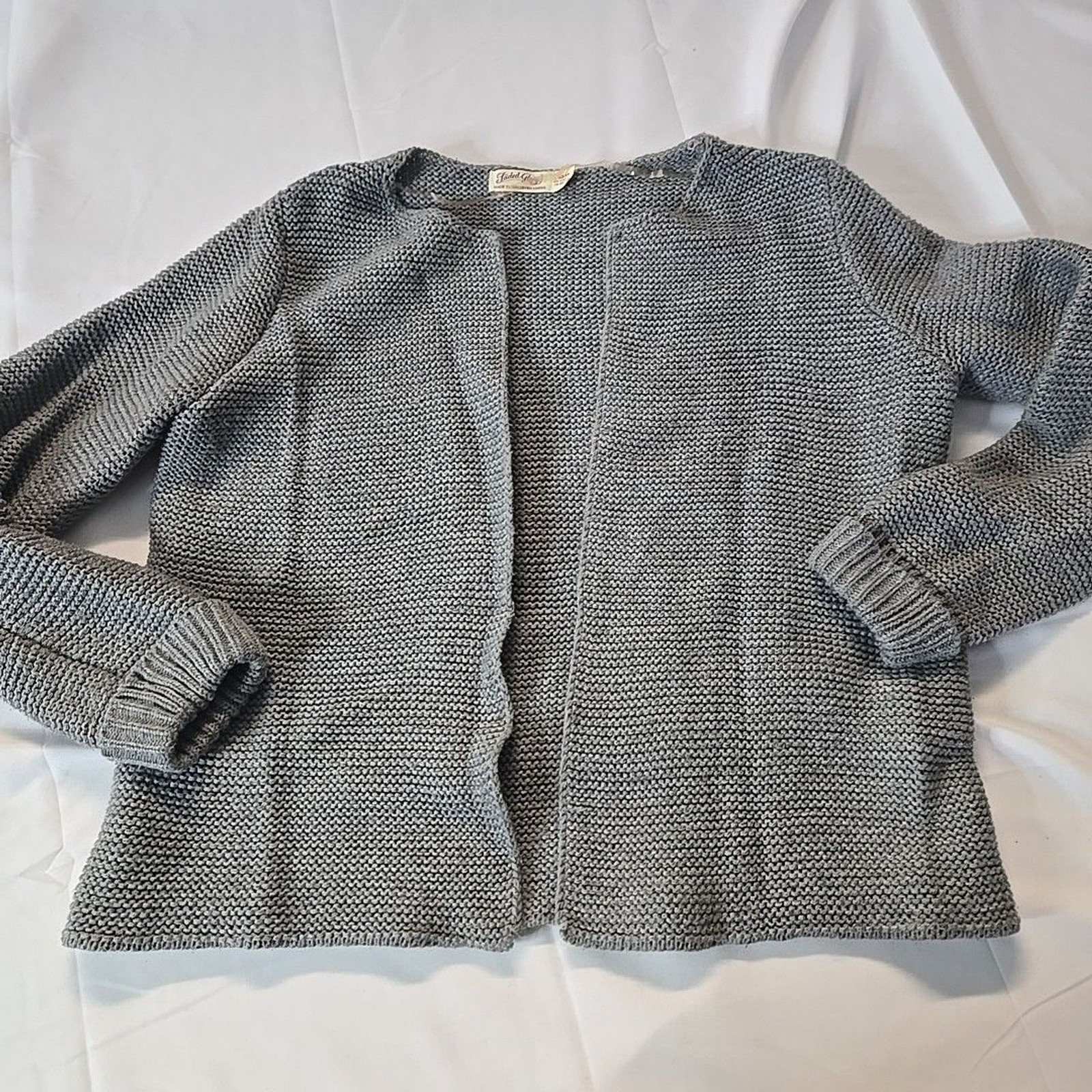Cardigan Sweater Knit Open Front Womens L Gray Grandma Cottage Core Seed Stitch-image