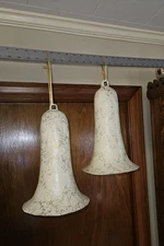 LG PAPER MACHE CHRISTMAS BELLS VINTAGE Gold Spatter STORE DISPLAY PAIR LOT