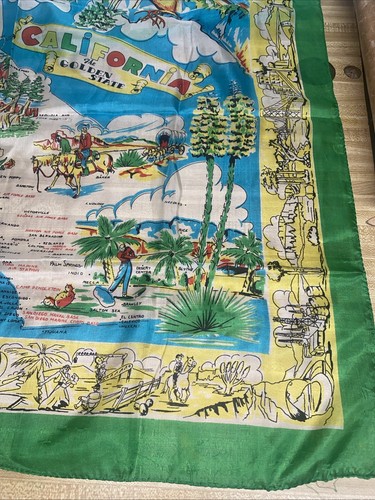 Vintage 50s Pure Silk Scarf California State Map Landmarks Green 33.5” X 31” - Picture 7 of 15