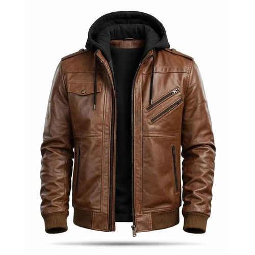 Brown vintage leather men's biker jacket with hood, front zipper, side pockets, and ribbed cuffs, wearing a black turtleneck.