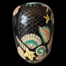 Vintage Cloisonné Heavy Brass Enamel Seashell Vase Hand Painted Chinese Oriental