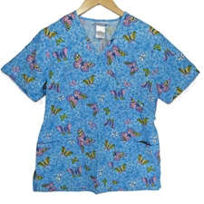 SB Scrubs Women's Blue Size S Scrub Top Butterflies V-neck Pockets Ties in Back