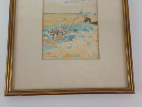 A. Webster Aquarell Gemälde Landschaft Feld und Windmühle - Bild 2 von 20