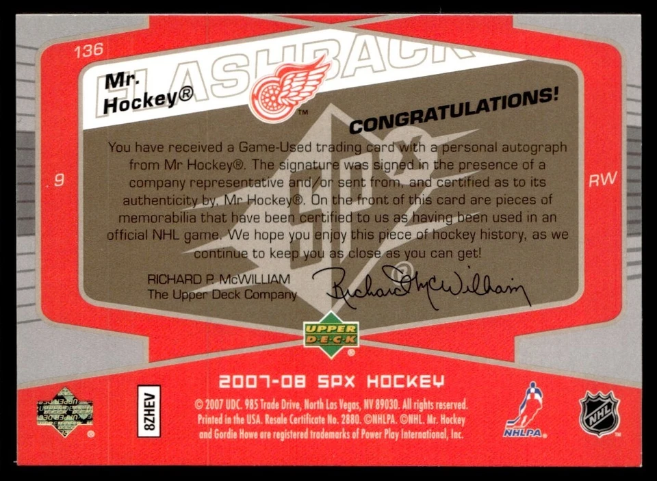 2007-08 SPx Flashback Fabrics Autograph Gordie Howe Auto Detroit Red Wings #136 - Image 2 of 2