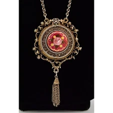 Vintage Locket Pendant Tassel Necklace Rose Painted Floral Heavy Antiqued BinA17