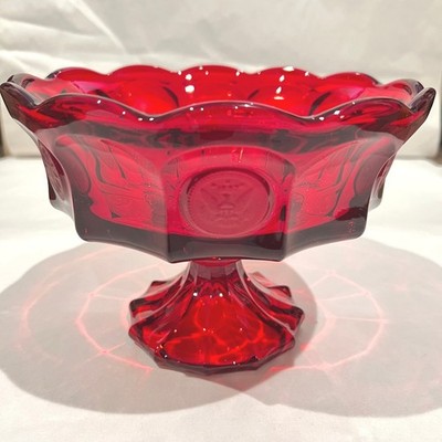 VTG Fostoria Coin Glass Ruby Red Pedestal Compote Bowl Eagle Star Liberty 9'' USA