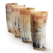 Drinking Horn Cup Set (4) - Full Size 12 oz Cups with Celtic Knot Engravings ...