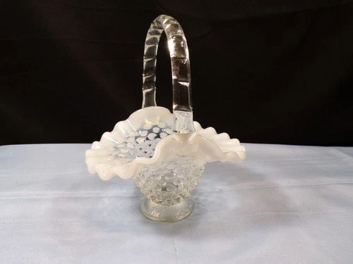 Fenton French Opalescent Glass Hobnail Basket 5 3/4" Tall