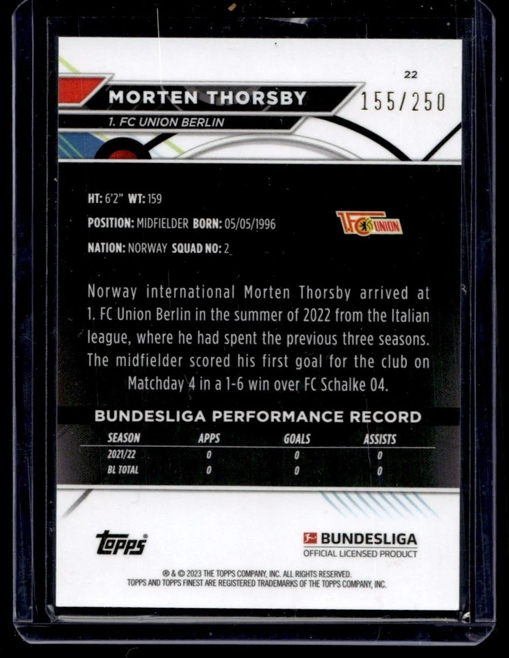2023 Topps Finest Morten Thorsby 155/250 FC Union Berlin #22 - Image 2 of 2
