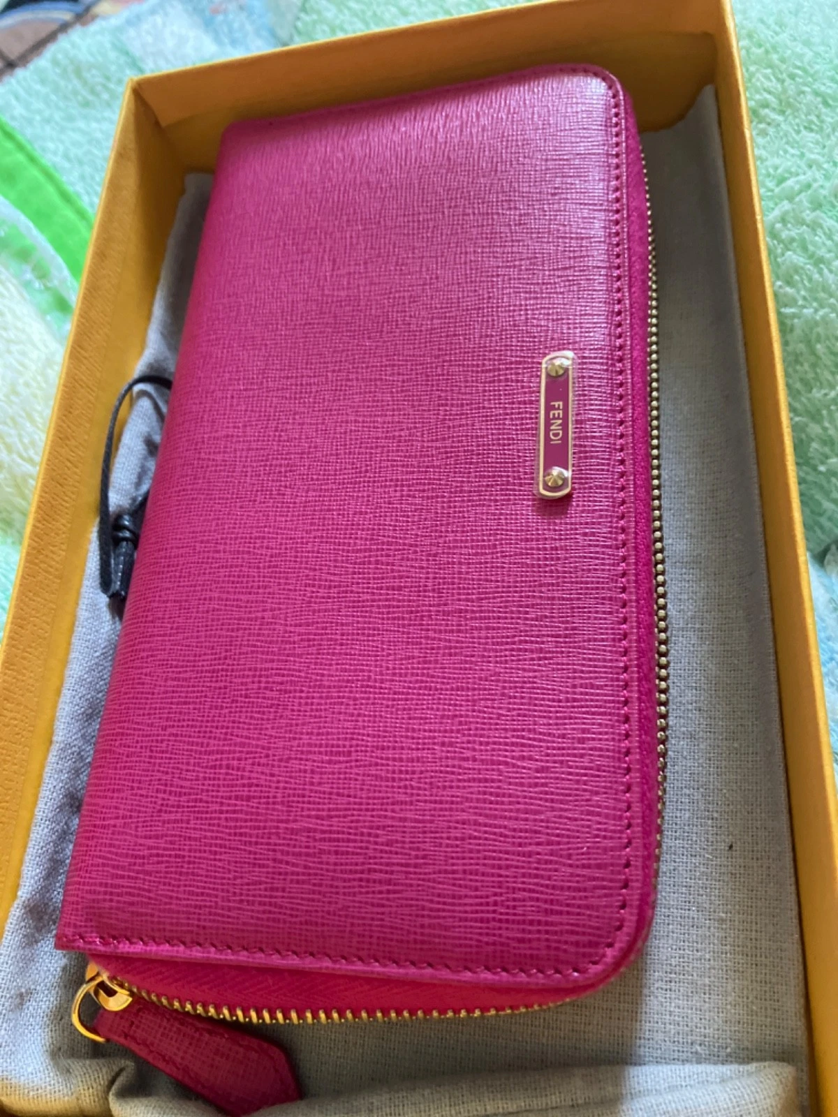 Fendi — Fendi "Crayons" Pink Saffiano Leather Zip Around Wallet Gold Hardware w/ Box