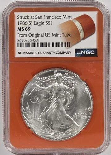 1986 (S) Eagle S$1 MS 69 From US Mint Sealed Box Struck at San Francisco NGC