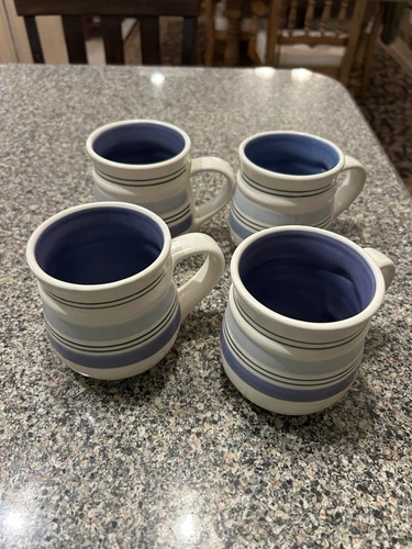 Vintage Pfaltzgraff Rio Stoneware Set Of 4 Coffee Tea Mugs 4" Blue Stripe
