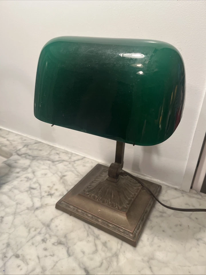 Genuine Emeralite Adjustable Bankers Desk Lamp Green Glass Shade Square PLS READ - Image 2 of 4