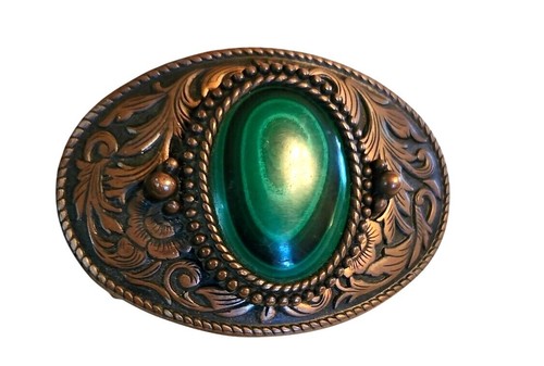 Cinturón de cuero mecanizado a mano con hebilla en relieve y piedra de malaquita 40 pulgadas vintage - Imagen 6 de 11