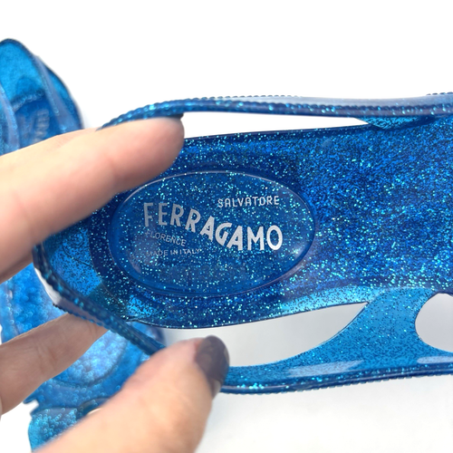 Salvatore Ferragamo SB03011 Glitzer Kobaltblau Logo Schleife Slipper Jelly Flats US6 - Bild 14 von 16