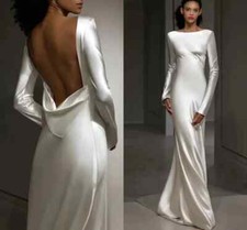 Backless Wedding Dresses Sheath For Bride Silk Satin Full Sleeves Floor Length