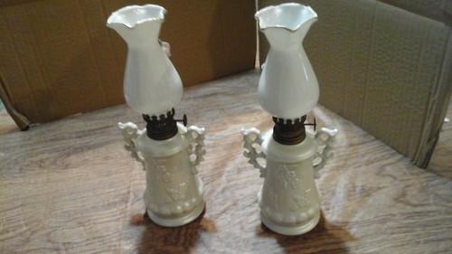 2 Vintage Miniature Pearl white/Blue Gold Trim Pink Rose Oil Kerosene Lamp Shade - Picture 3 of 11