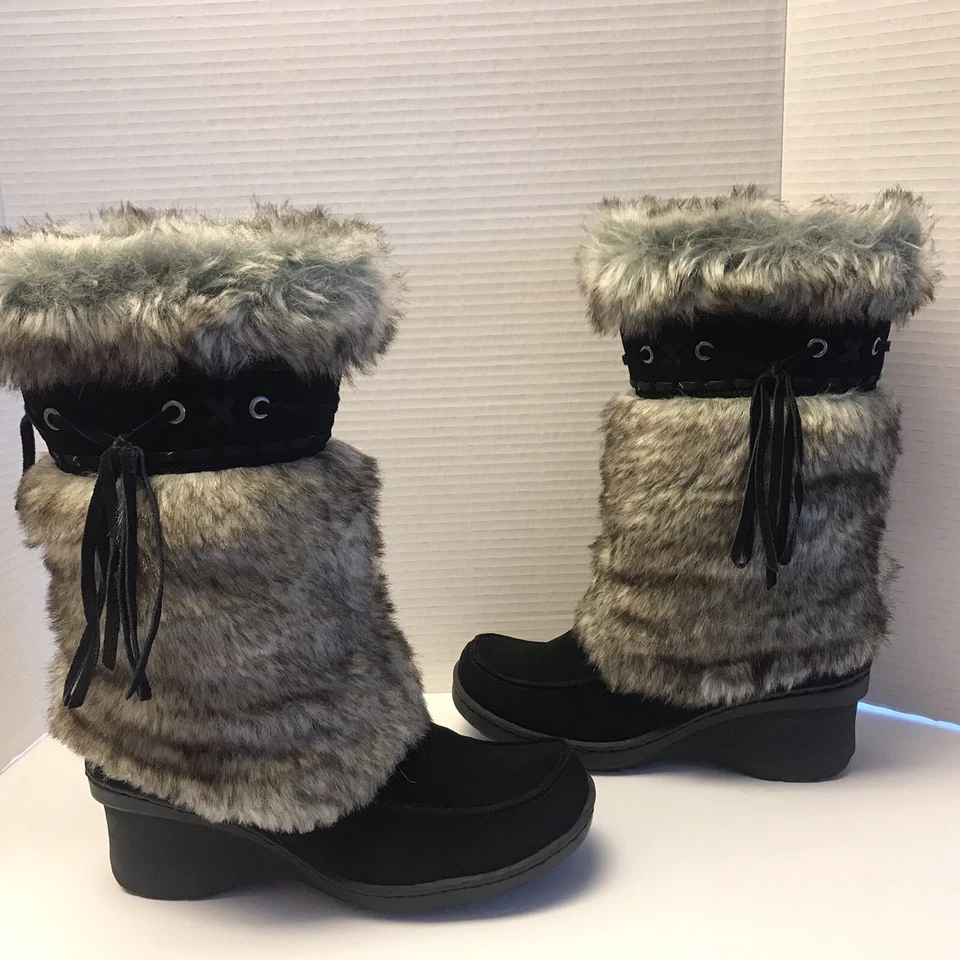 Baretraps Size 7M Wedge Black Suede Leather Faux Fur Kneehigh Boots - Image 4 of 4