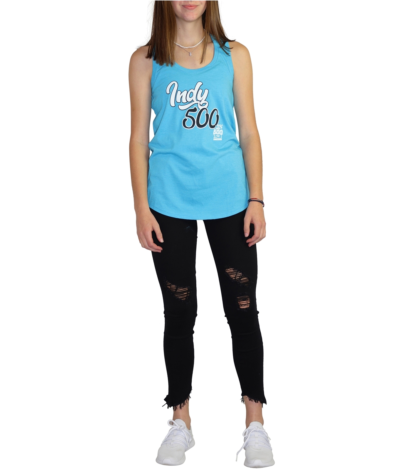 Indy 500 Womens Distressed Script Racerback Tank Top, Blue, Small 897100113805