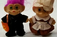 Two Vtg Russ 3" Troll Doll HALLOWEEN TRICK OR TREATER & THANKSGIVING PILGRIM D9