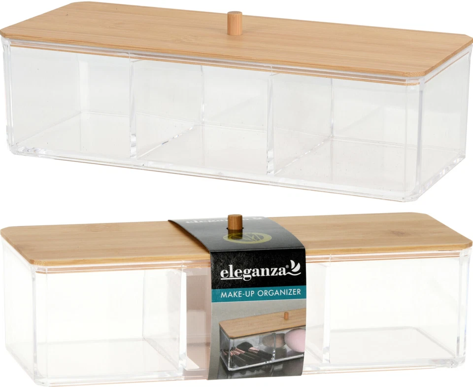 ELEGANZA Kosmetik Make-up Organizer Halter Bambus Deckel 3 Fächer Schlafzimmer Badezimmer