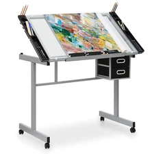 Drafting Table on Wheels with Storage & Side Tray-Adjustable 0-65°Glass Tabletop
