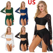 Women's Lyrical Dance Costume Floral Long Sleeve Crop Top Mesh Flowy Skirted