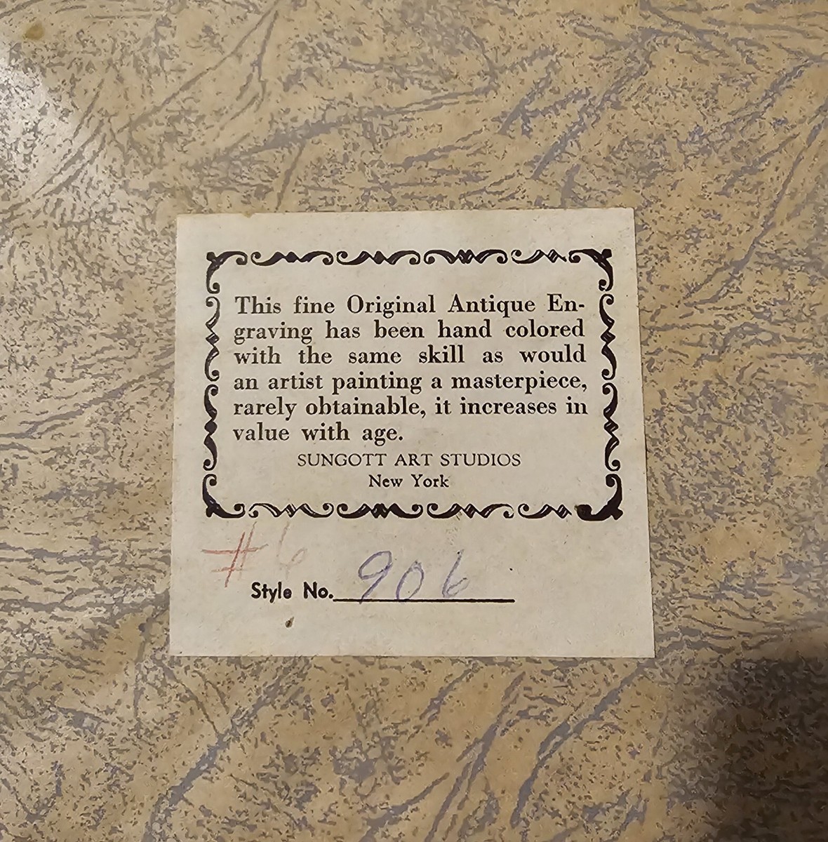 antique original framed engraving By Sungott Art Studios NY