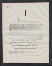 1872 Death announcement Mrs. ARONIO de ROMBLAY born of GODEFROY - Lille (North).