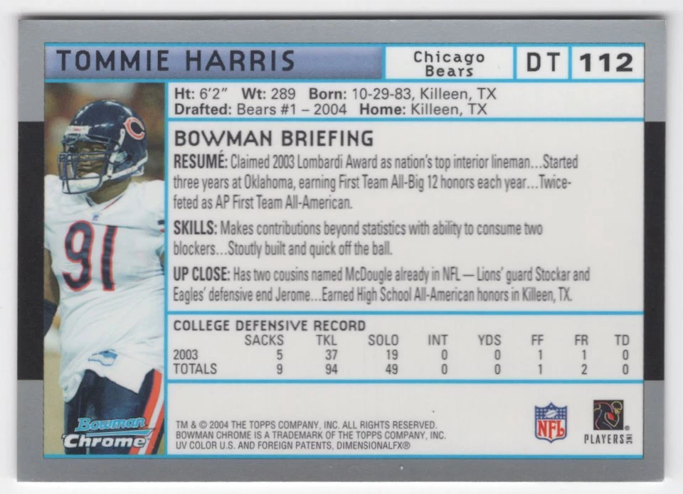 2004 BOWMAN CHROME ROOKIE Tommie Harris Rookie Chicago Bears #112 - Image 2 of 2