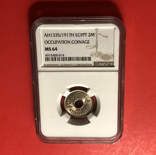 1917H -EGYPT -2 MILLIEMES COIN,GRADED BY NGC MS64...VERY NICE COIN.