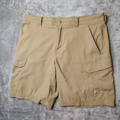 Under Armour Fish Hunter Cargo Shorts Mens 38 Beige Khaki Heat Gear Stretch