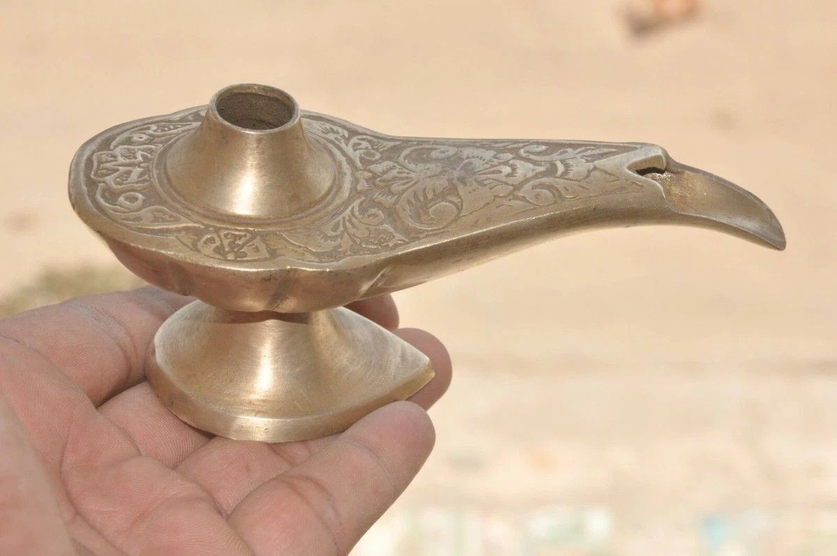 Old Brass Handcrafted Aladdin Magic Lamp Shape Engraved Temple Oil