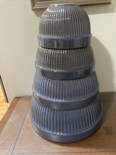 Blue Ribbed Heavy Stoneware 4 Piece Mixing Bowl Set - Picture 1 of 5