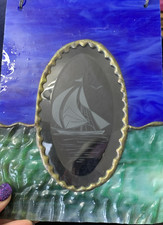 Etched Sailboat Stained Glass Nautical Suncatcher 7.75 x 5" Handcrafted Window