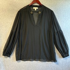 Michael Kors Size 2X Black Dot Sheer Blouse Top Gold Metallic Grommet