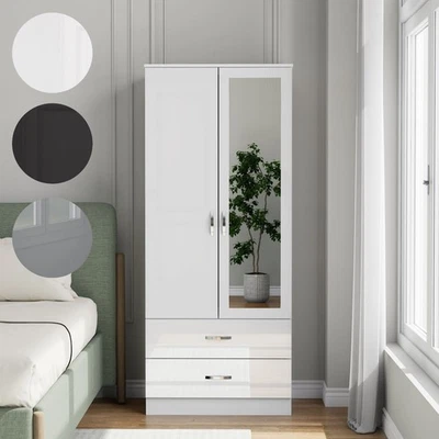 NERA FURNISHINGS Gloss Mirrored 2 Door Wardrobe with 2 Drawers Wooden Bedroom Storage Furniture