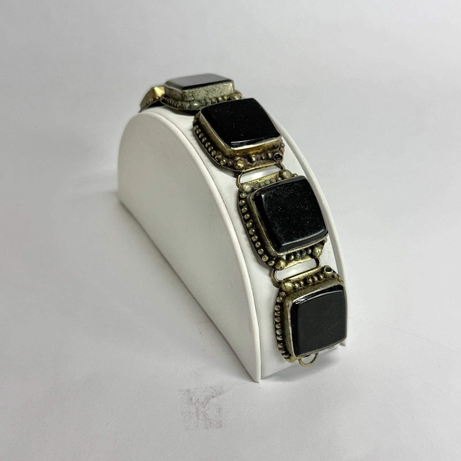 Tibetan Black Onyx Panel Link Silver Tone Vintage Bracelet Jewelry Br182