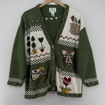 QUACKER FACTORY Sweater L Angels Miracles Button Up Cardigan Ramie Cotton Green
