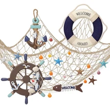 Marsui 11 Pcs Wooden Nautical Wall Decor Fishing Net Decoration, Include Deco...