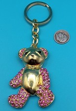Pink Crystal Teddy Bear Key Chain Keyring Gold Tone High End