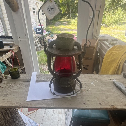 Vintage Railroad Lantern w/ Red Glass Globe, Metal Frame & Wire Guard