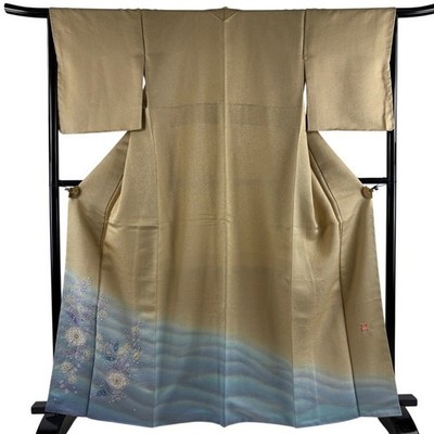 Japanese Silk Houmongi Kimono M 165cm Beige Kubota Itchiku II Tsujigahana
