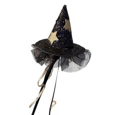 Pink Poppy Witch Hat Wand Black Glitter Stars Tulle Ribbon Halloween Costume NEW