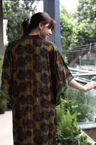 Pure Silk Kaftan Green & Black Robe Dress Long Woman Gown Maxi Tunic PS KFN2929 - Picture 5 of 10