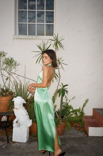 ZARA Satin Effect Green Halter Midi Dress Back Cut-outs