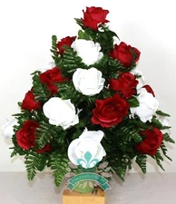 XL Handcrafted Red and White Open Roses- 360 Degree Cemetery Flower Vase