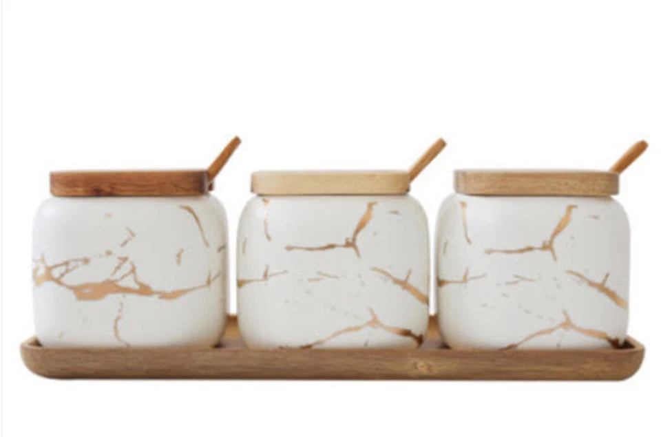 Tarros de especias - 3 frascos, bandeja de madera y 3 cucharas Foto 3 de 4