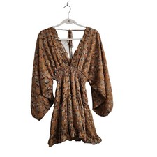 Storia Mini Dress Small Dark Yellow Babydoll Boho Deep V-Neck Bloggers Favorite