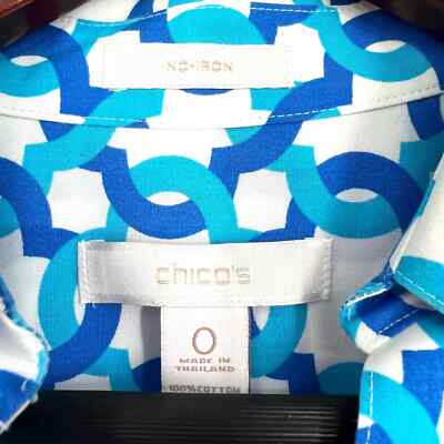 Chicos Sz 0 Small 4/6 No Iron Blue Geometric 3/4 Sleeve Blouse